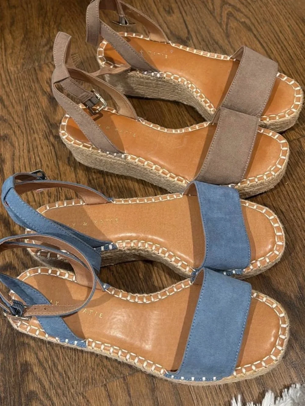 “Kelly and Kelly” wedge Sandals in Taupe and Denim Blue - Women's Summer Shoes